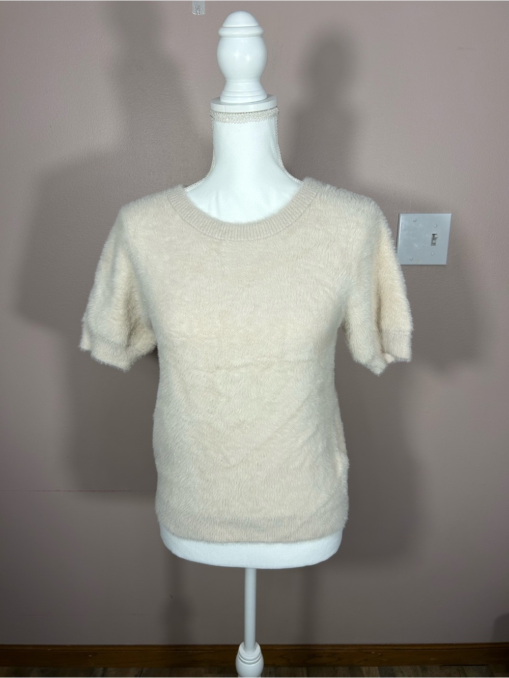 Bailey 44 Cream Short-Sleeve Fuzzy Crew Sweater